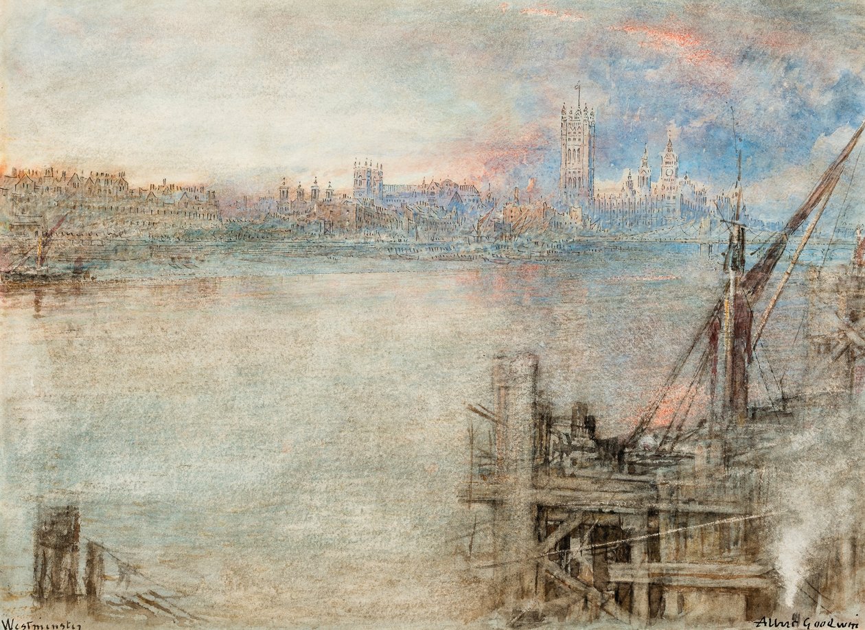 Westminster med Houses of Parliament ved solnedgang (pen  sort blæk  akvarel med ridser på papir) af Albert Goodwin