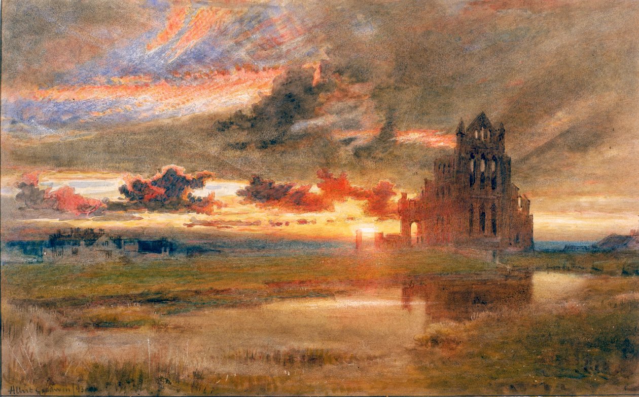 Whitby - The Abbey of St Hilda (blyant og akvarel på papir (indsat på kort)) af Albert Goodwin
