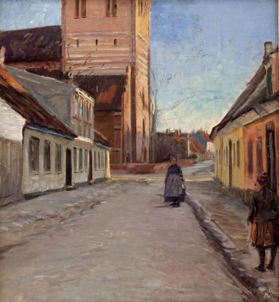 Gade i Køge med Nicolai kirke til venstre af Albert Gottschalk