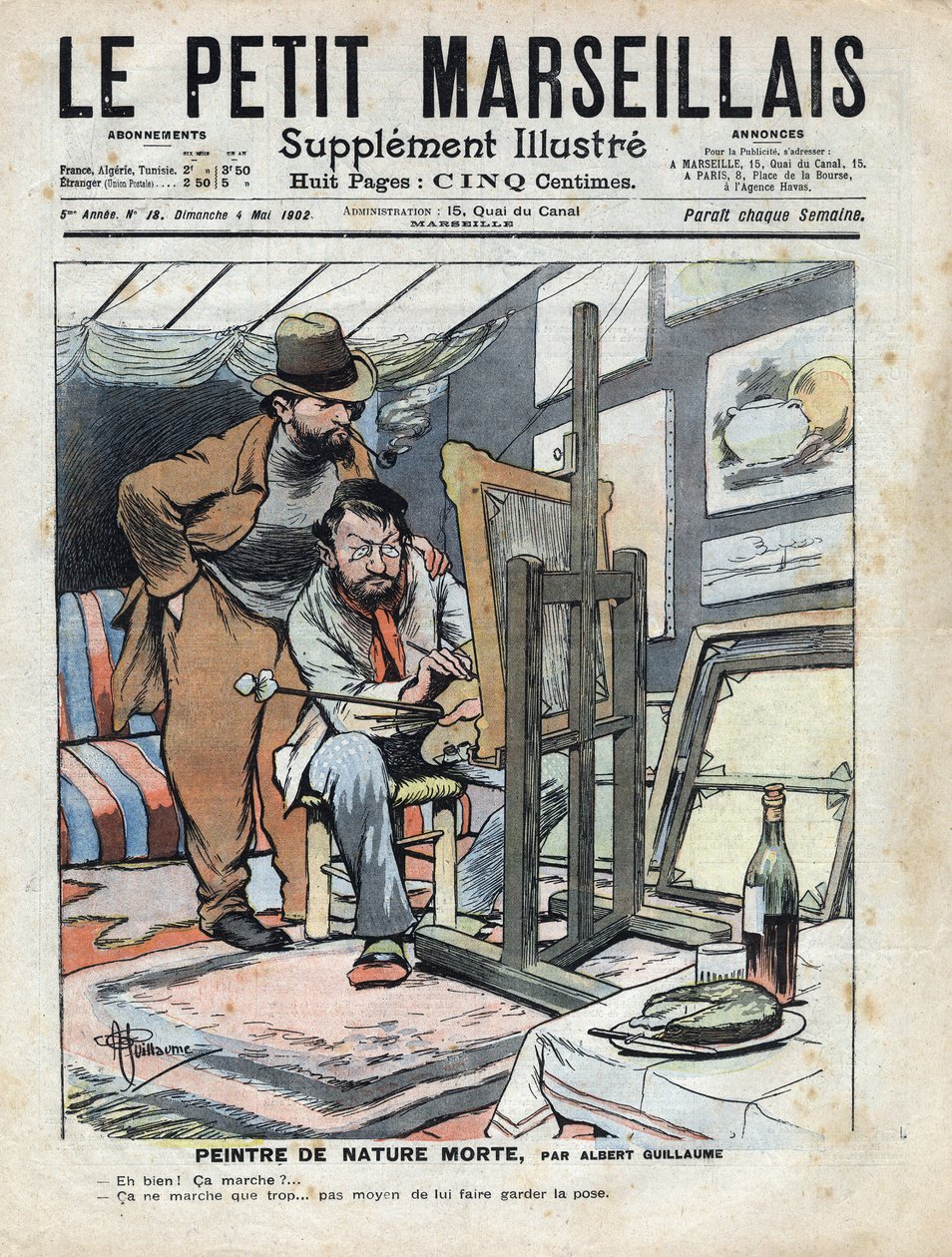 En maler på et loft maler stilleben, flasken vin og kagen, der er brugt som model, står ikke stille. Illustration af Albert Guillaume (1873-1942) fra "" Le petit Marseillais"" 04/05/1902 af Albert Guillaume
