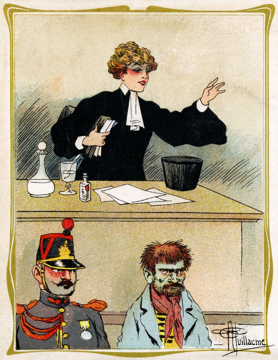 En kvindelig advokat med et smukt ansigt, bønfalder og forsvarer sin klient, ser tålmodig ud. Reklame, stik 1902-1903 af Albert Guillaume