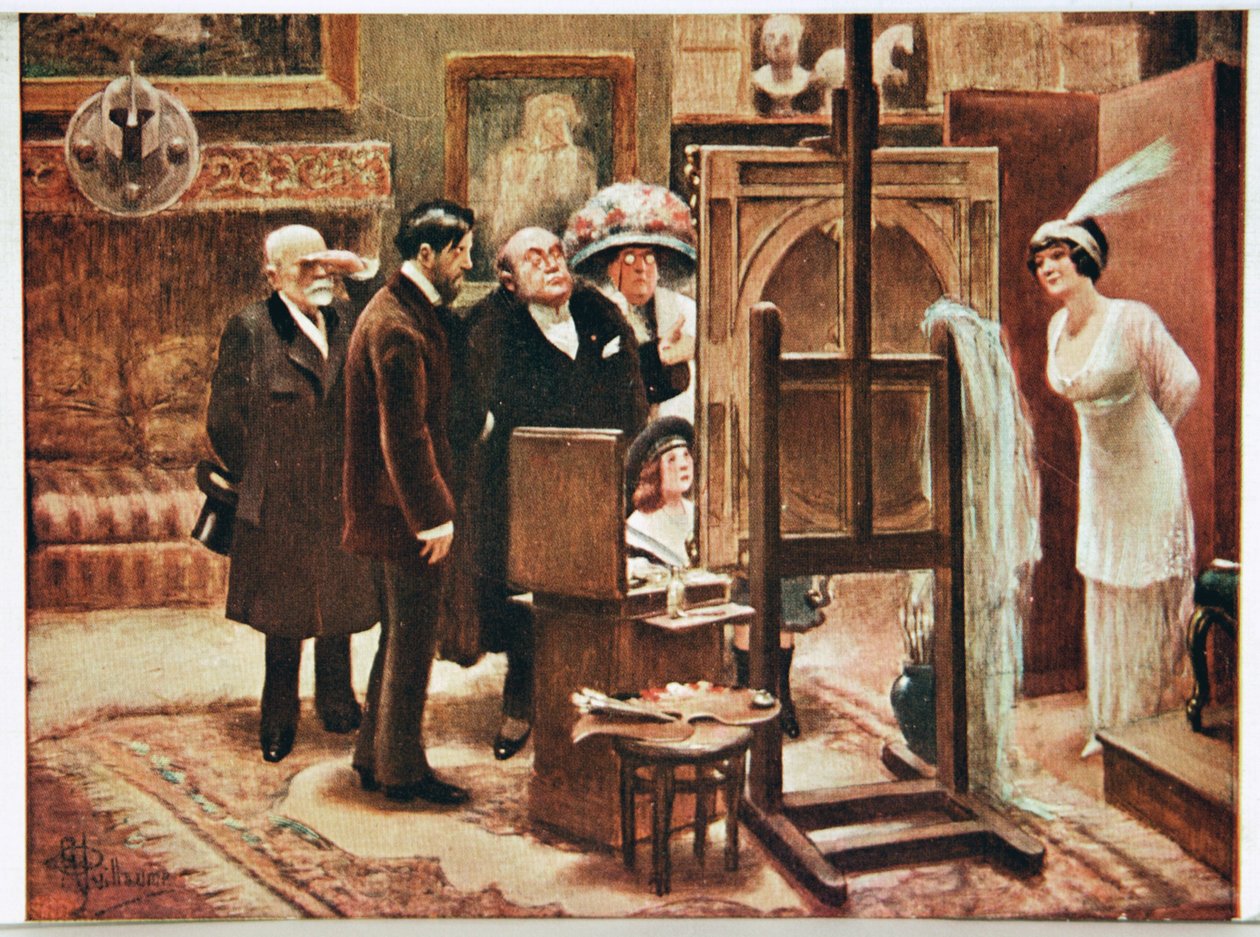 Kunst. Finere kunst. Maler, der viser sin skabelse. Postkort af Alfred Guillaume, Frankrig, ca. 1920 (postkort) af Albert Guillaume