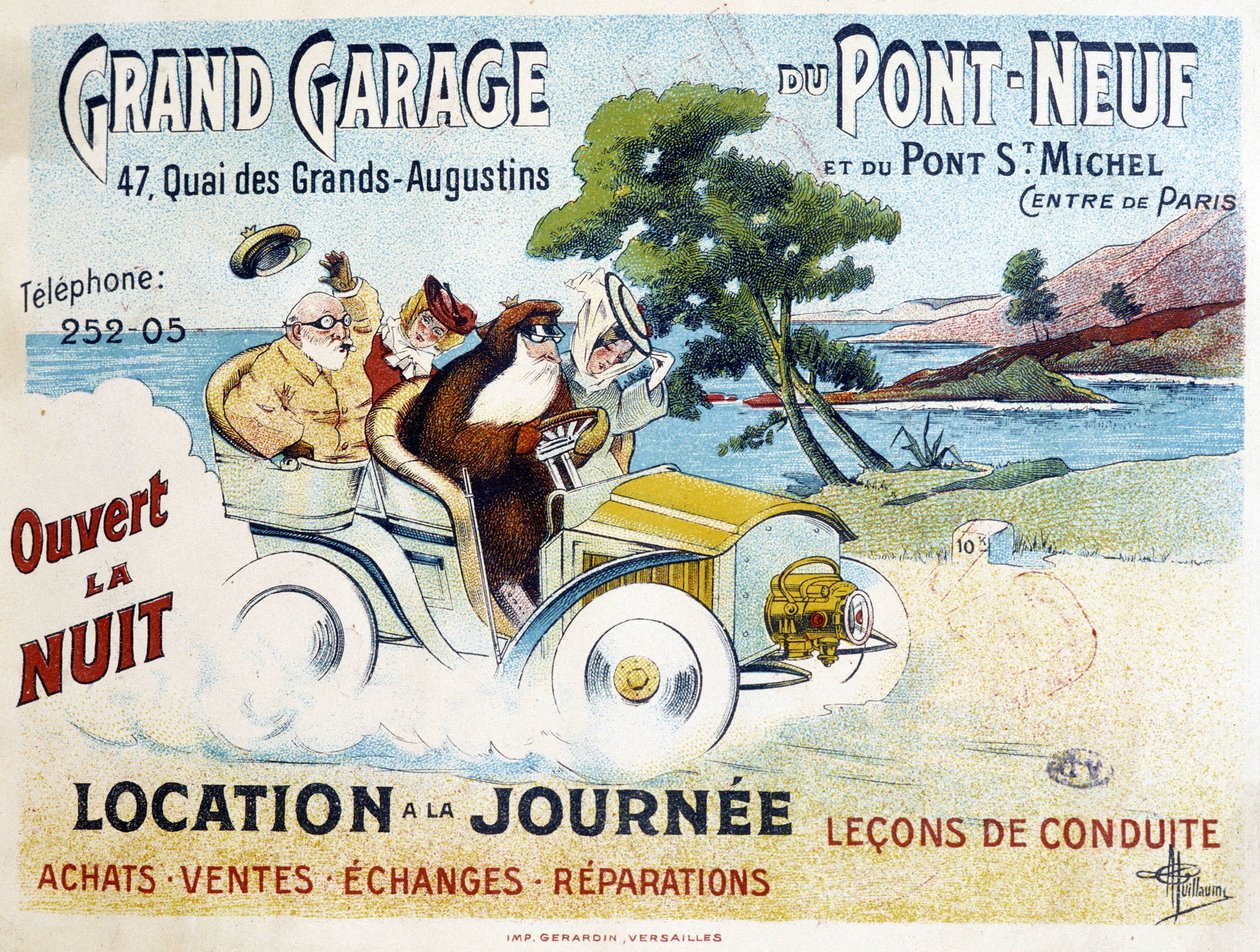 Grand Garage du Pont-Neuf: leje, køretimer, køb, salg, reparationer - Reklameplakat af Albert Guillaume (1873-1942), ca. 1900 af Albert Guillaume