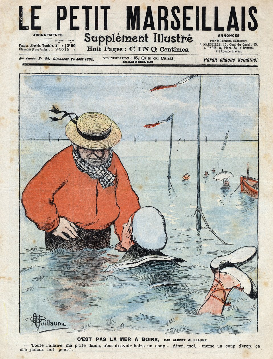 Lille komisk scene, der skildrer en dame, der lærer at svømme under øjet på en anden svømmer, drinkelsker. Illustration af Albert Guillaume fra "" Le petit Marseillais"" 24/08/1902 af Albert Guillaume