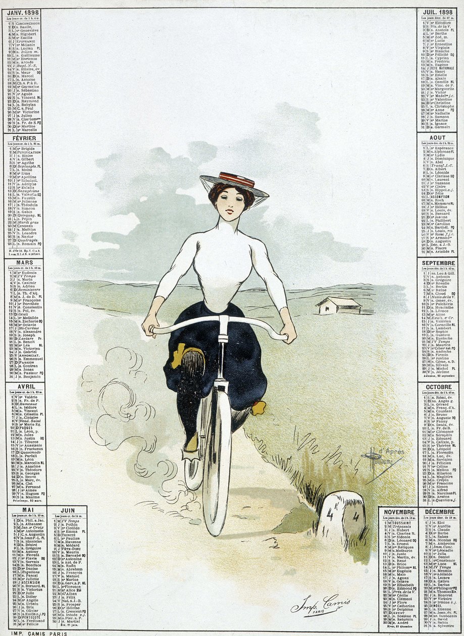Kvinde på cykel - tegning af Guillaume, kalender af Albert Guillaume