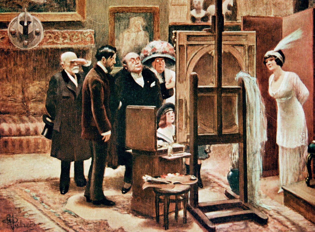 en maler, der viser sit maleri, ca. 1920 (tryk) af Albert Guillaume