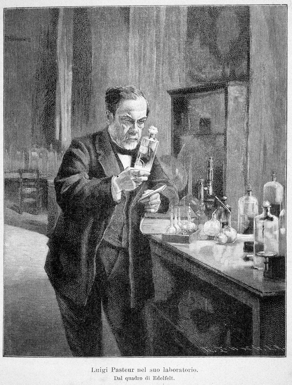 Louis Pasteur i sit laboratorium ifølge maleriet af edelfelt af Albert Gustaf Aristides (after) Edelfelt