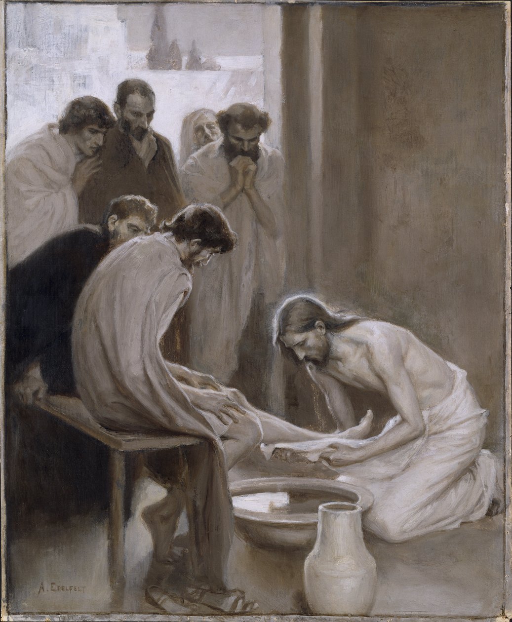 Kristus vasker sine disciples fødder - Kristus vasker disciplenes fødder, af Edelfelt, Albert Gustaf Aristides (1854-1905). Grisaille af Albert Gustaf Aristides Edelfelt