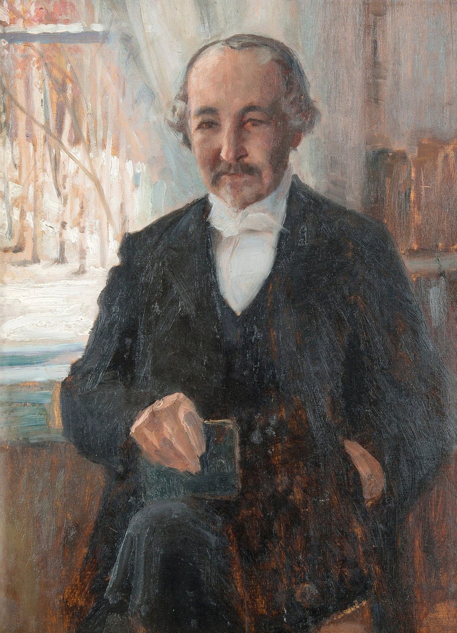 Portræt af digteren Zacharias (Sacharias) Topelius (1818-1898) af Edelfelt, Albert Gustaf Aristides (1854-1905), - Olie på pap, 41x30 - Privat samling af Albert Gustaf Aristides Edelfelt