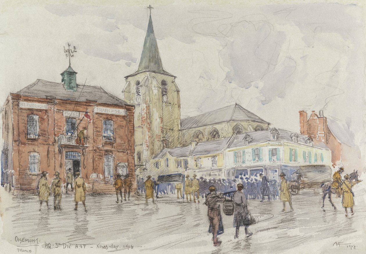 Oisemont, 3. divisions hovedkvarter, 1918 (wc und gouache med trækul på papir) af Albert Henry Fullwood