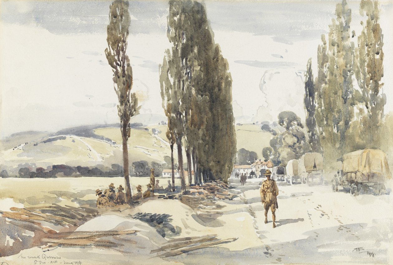 Road to Querrieu, 1918 (wc med blyant og kul på papir) af Albert Henry Fullwood
