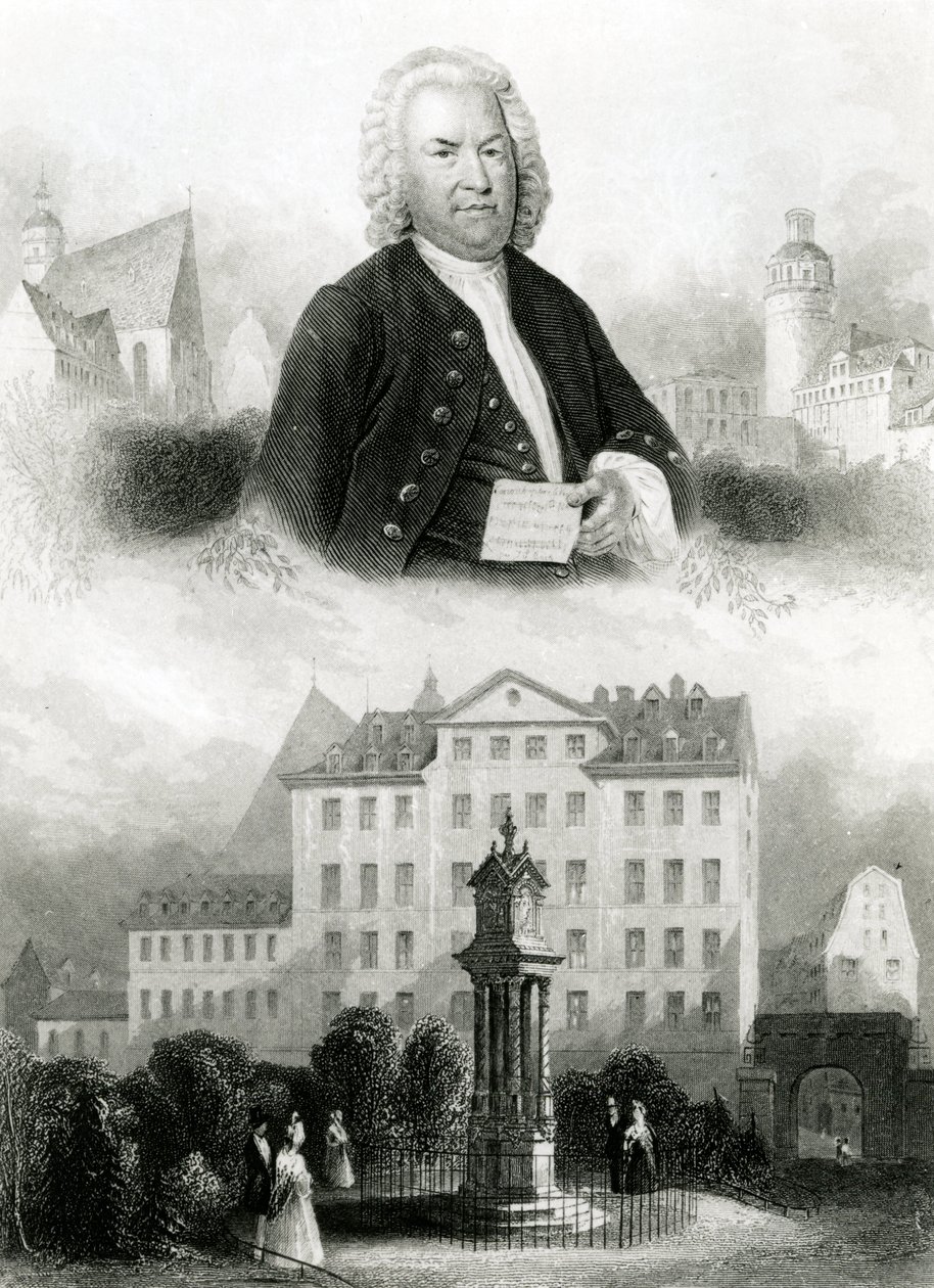 Portræt af Johann Sebastian Bach (1685-1750) og monument af Albert Henry Payne