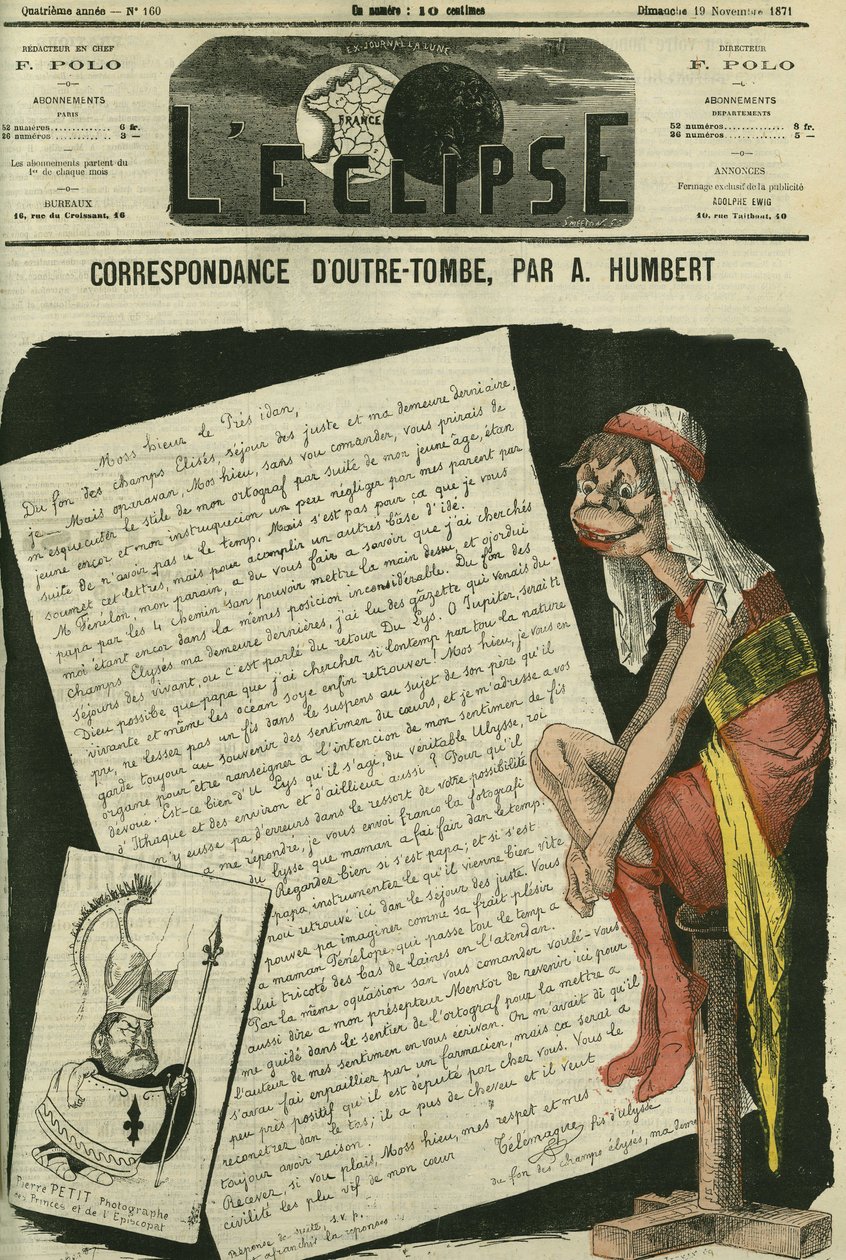 Korrespondance fra graven, Telemaque søn af Ulysses skriver til republikkens præsident. Tegning, der erstatter en tegneserie af Gill censure. Cover i "" L