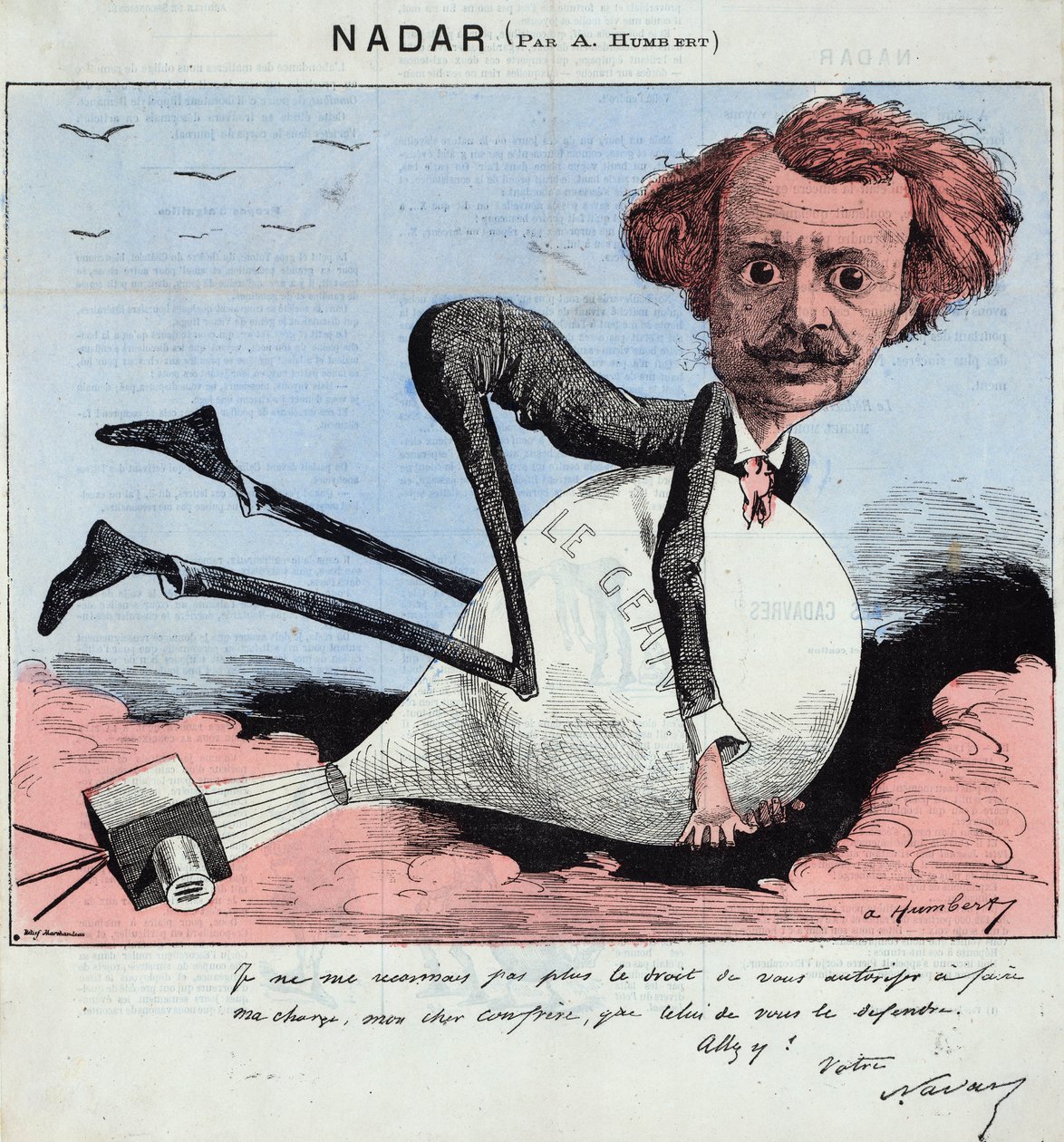 tegneserie af Nadar og hans varme ballon, ca. 1863 (litografi) af Albert Humbert