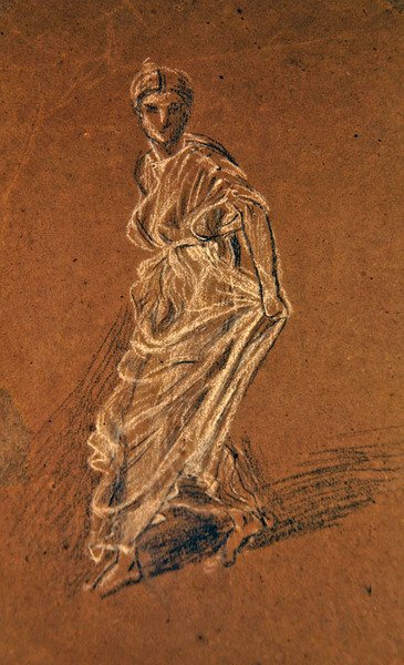 Studie af en pige, der træder frem og iført en lang kjole, ca. 1870 (sort-hvidt kridt på brunt papir) af Albert Joseph Moore