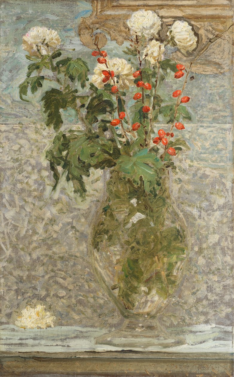 Hvide krysantemum og røde bær (olie på lærred) af Albert Joseph Moore