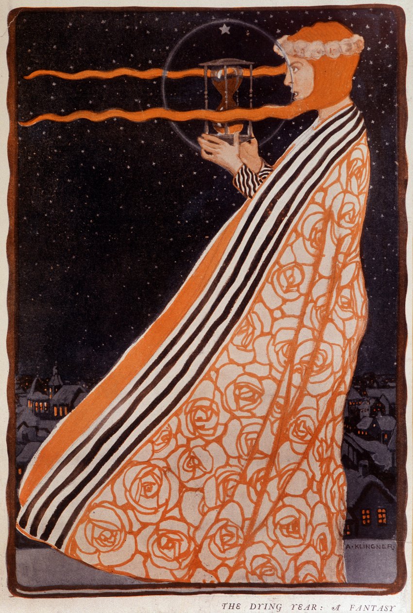 En kvinde holder et timeglas, sd. begyndelsen af det 20. århundrede. Illustration af Klingner Albert (1869-1912) af Albert Klingner