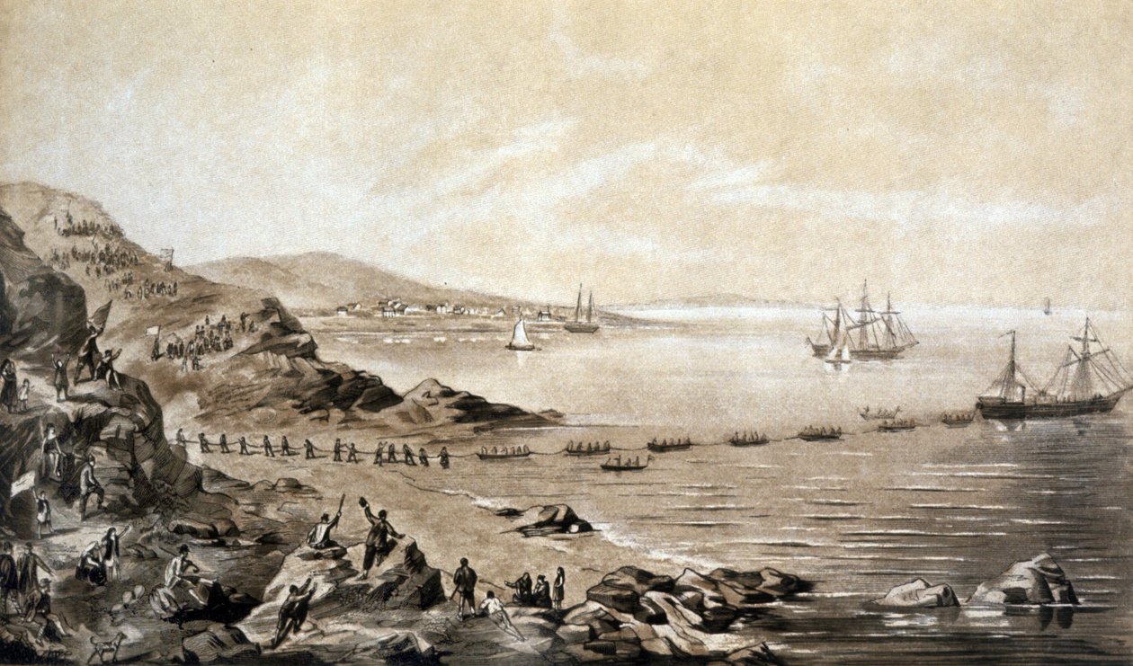 installation af det første transatlantiske telegrafiske kabel mellem Irland og Canada (1857) gravering af Albert Kruger ca. 1870 af Albert Kruger