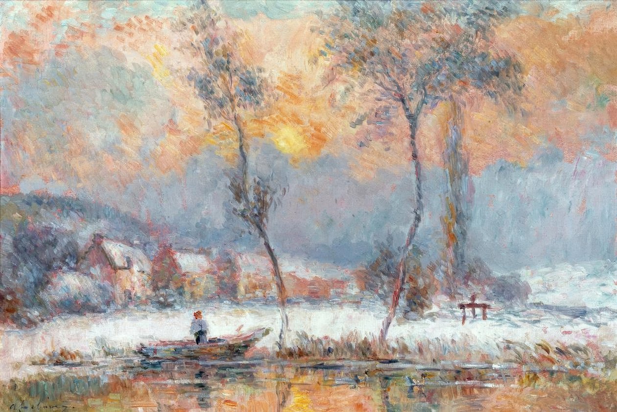Solopgang, gennem sneen, på Chalou-Moulin dammen af Albert Lebourg