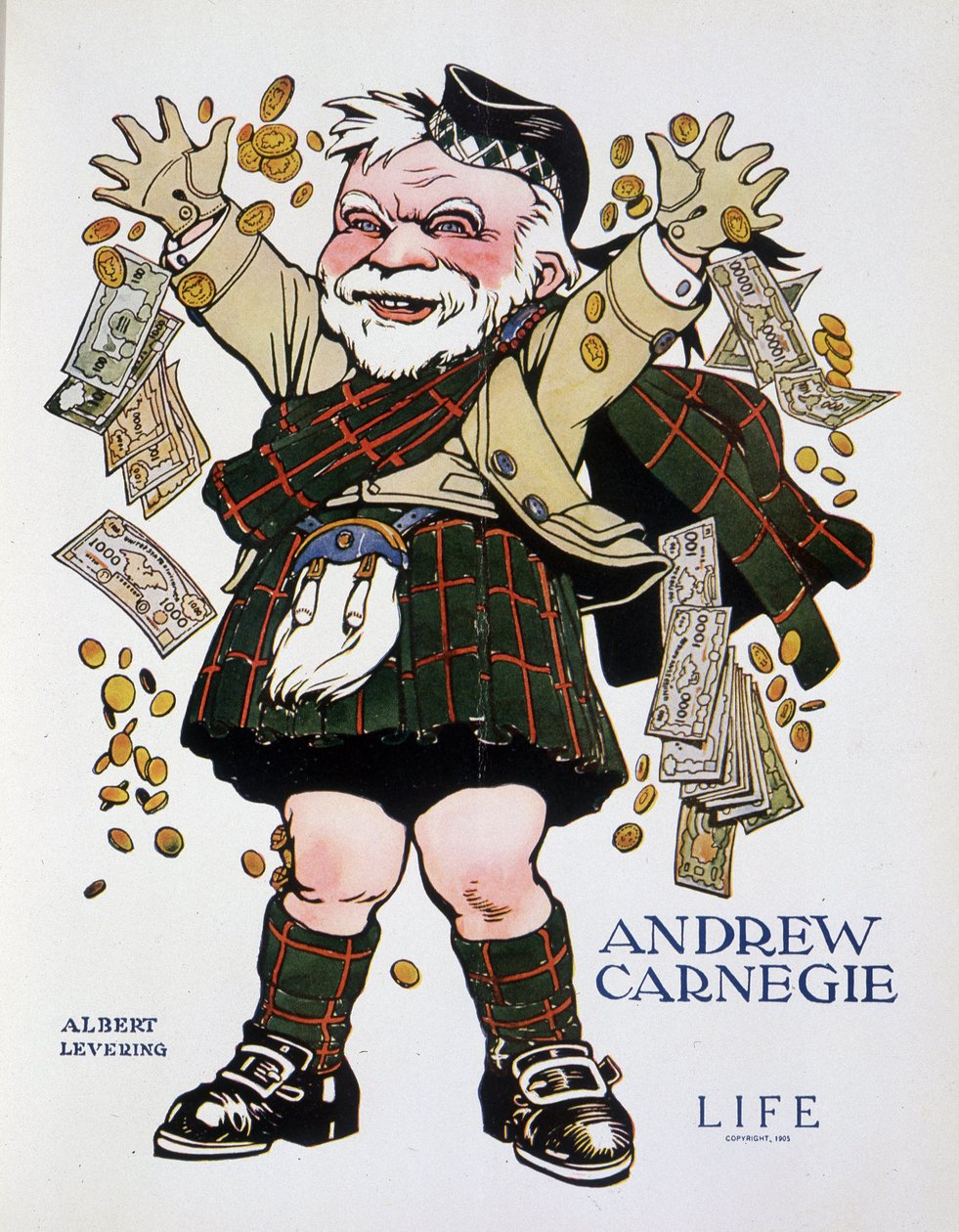 Opladningsportræt af Andrew Carnegie i plaiddragt og kaster penge - af Albert Levering (1869-1929), i "" Life"" fra 13/04/1905 af Albert Levering