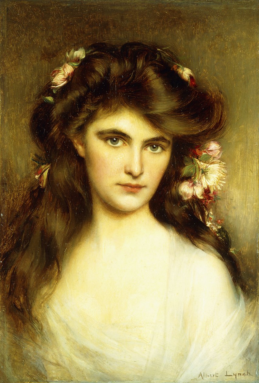 En ung skønhed med blomster i håret, af Albert Lynch