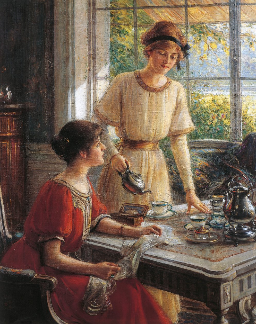 Detalje fra Women having tea, af Albert Lynch (1851-1912) af Albert Lynch