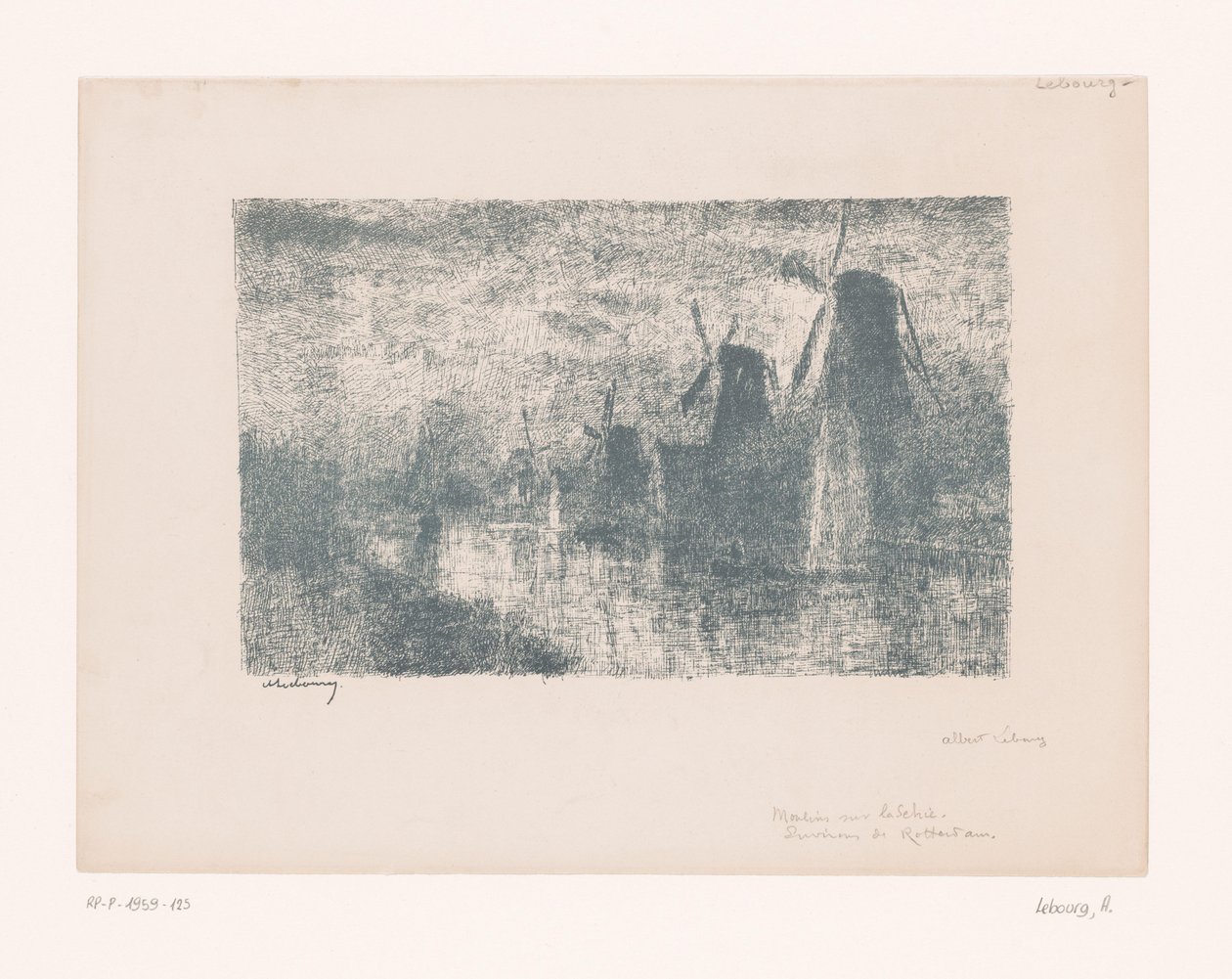 Vindmøller på Schie nær Rotterdam Moulins sur la Schie (titel på objekt) af Albert Marie Lebourg