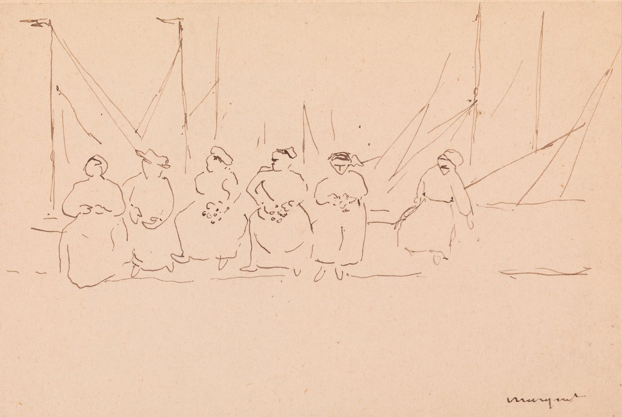 Six Women on a Wharf (pen og blæk på papir) af Albert Marquet