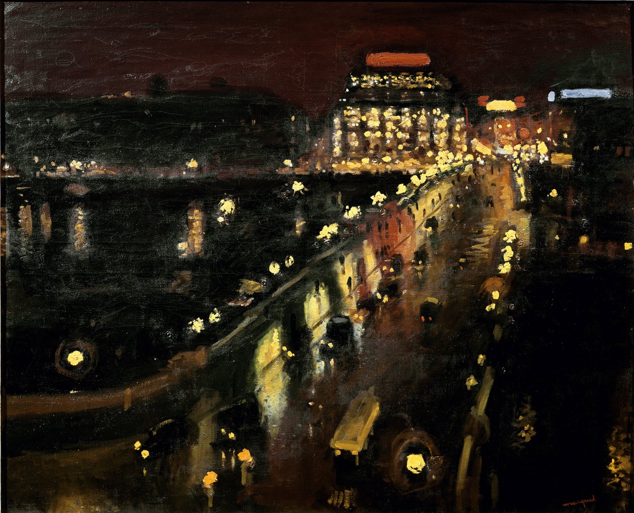 Pont Neuf i Paris om natten Samaritaine oplyst i baggrunden af Albert Marquet