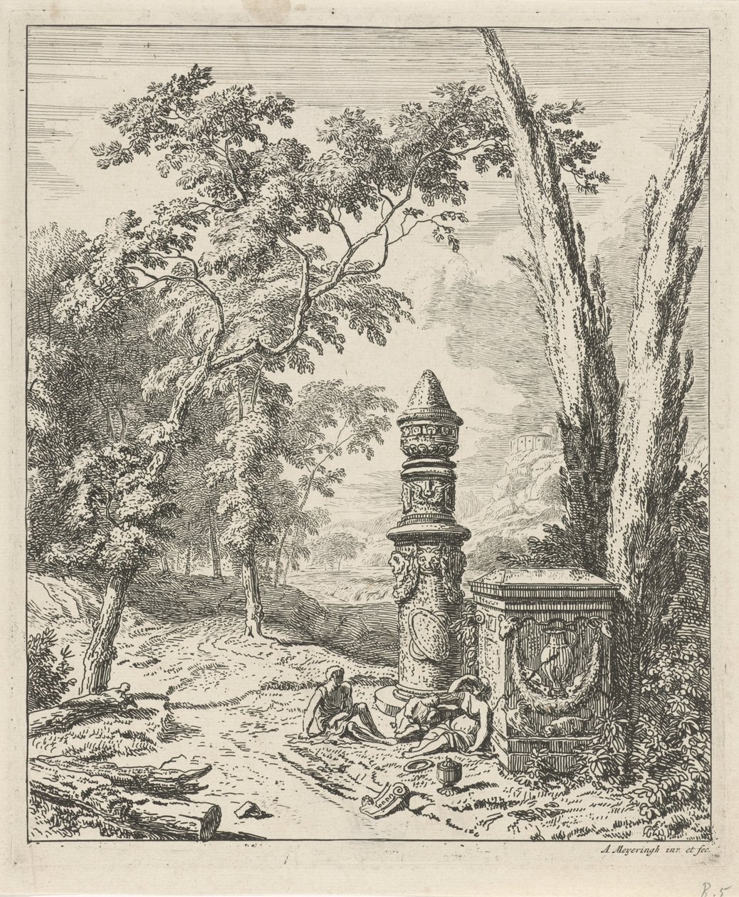 Landskab med hvilende figurer ved et begravelsesmonument Landskaber (serietitel) af Albert Meyering