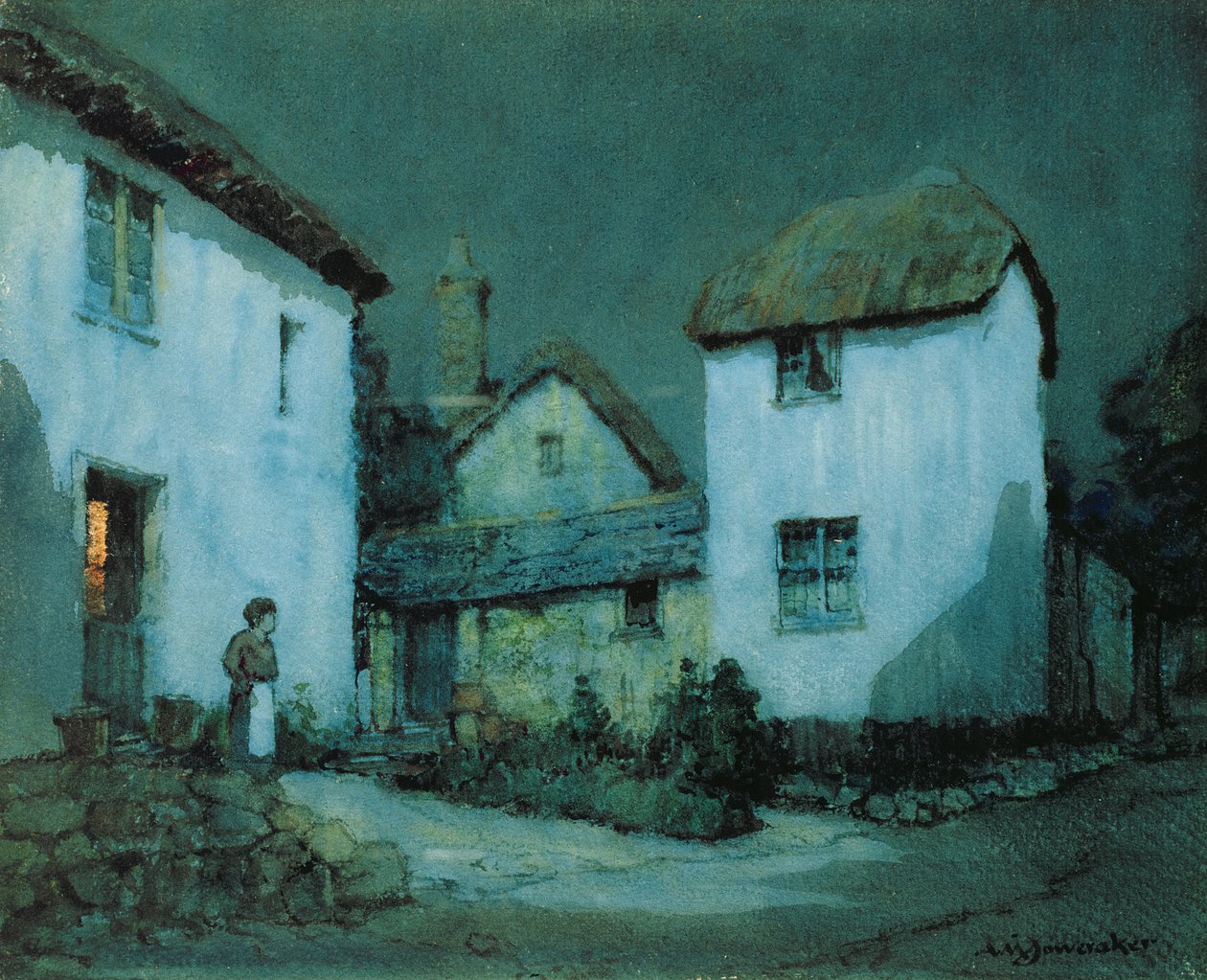 A Moonlit Street, Heavitree, Exeter af Albert Moulton Foweraker