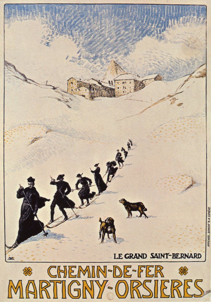 Plakat, der reklamerer for den franske jernbane fra Martigny til Orsieres, 1913 af Albert Muret