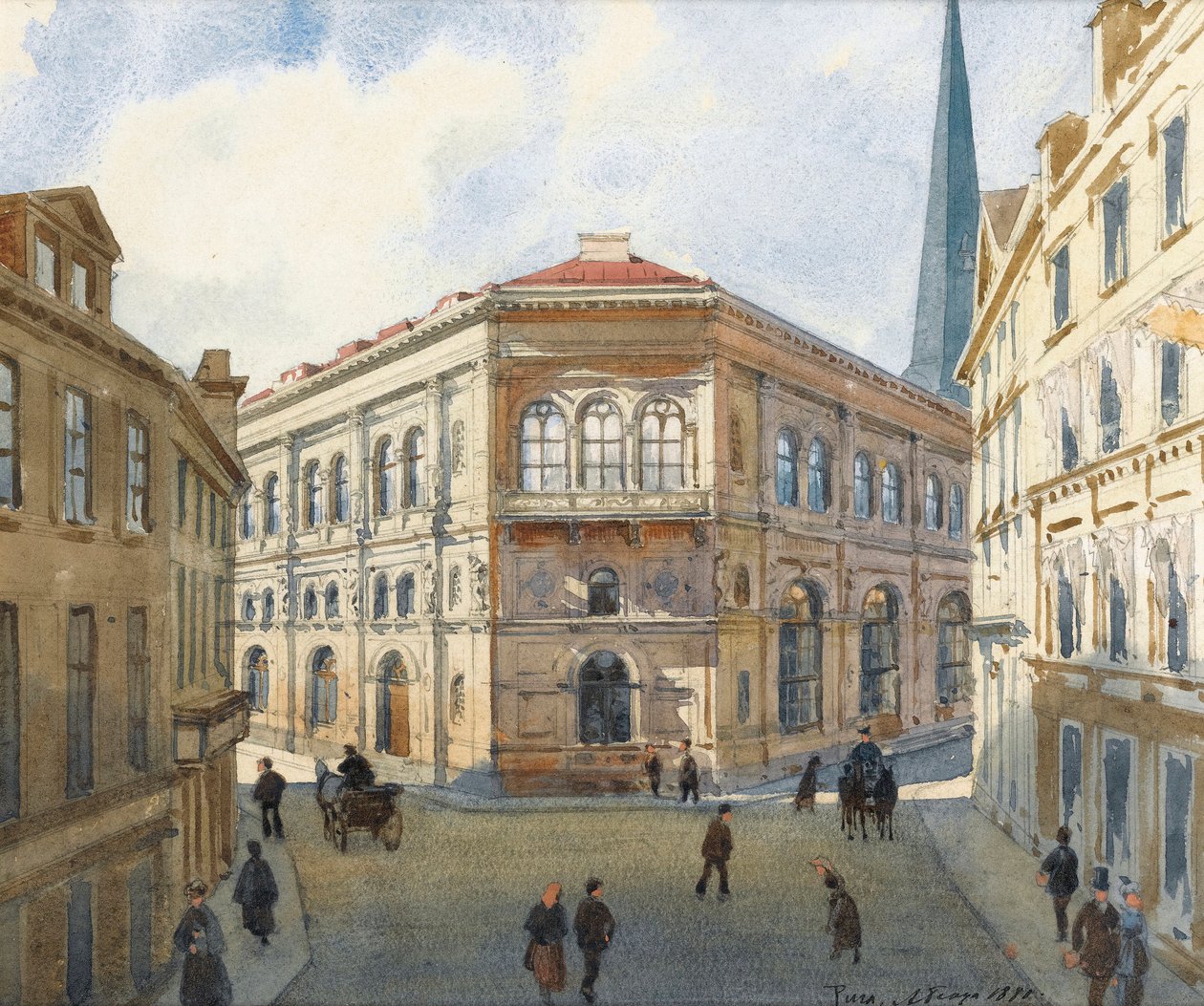 ""Portræt af Riga-børsen i Letland"" (Udsigt over Riga-børsen) Akvarel af Albert Benois (1852-1936) - 1880 Dim 22,5x27 cm Privat samling af Albert Nikolaevich Benois