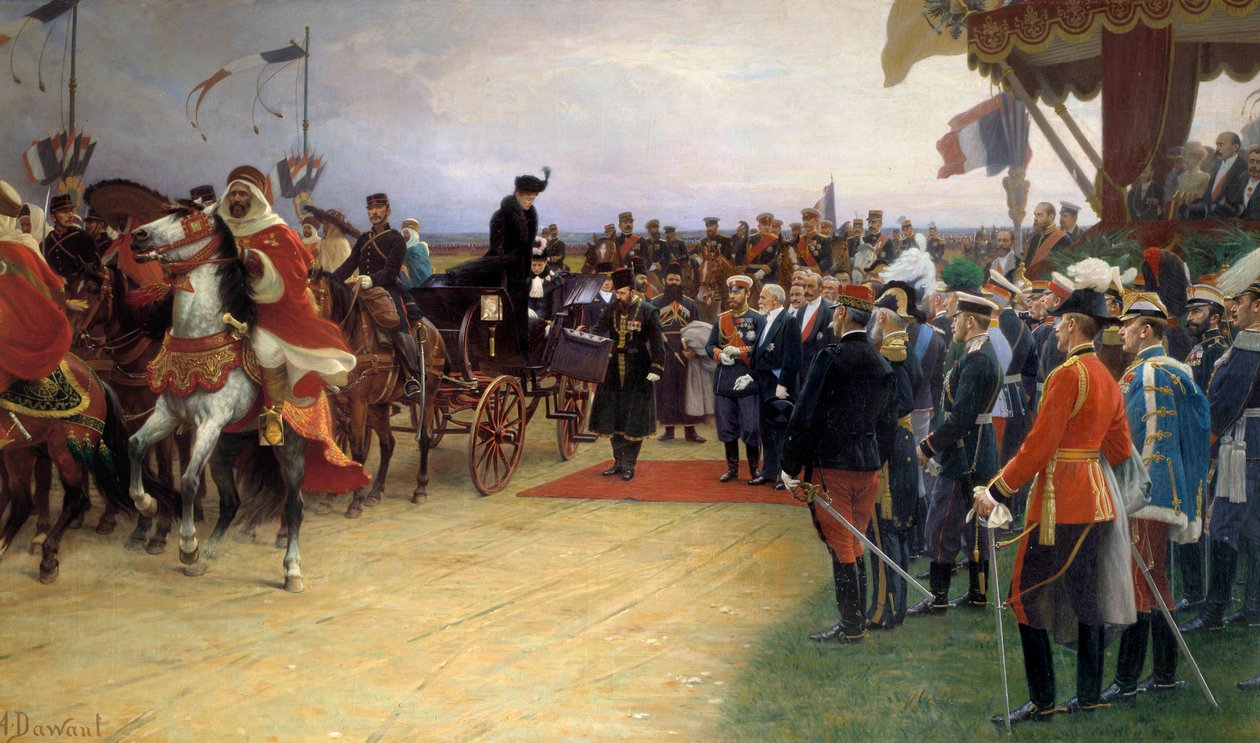 Præsident Emile Loubet (1836-1929) byder velkommen til zar Nicholas II (1868-1918) og imponerer Alexandra den 21/09/1901 på Betheny Camp Painting af Albert Dawant (1852-1923) 1905 søn., 09x3,56 m. af Albert Pierre Dawant