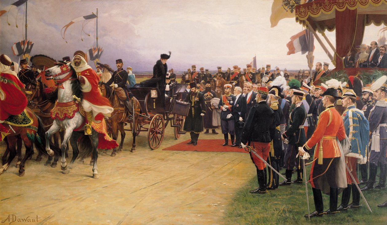 Præsident Emile Loubet (1838-1929) byder tsar Nicolas II (1868-1917) og tsarina Alexandra (1872-1918) velkommen til lejren i Betheny, 21. september 1901, r.1905 af Albert Pierre Dawant
