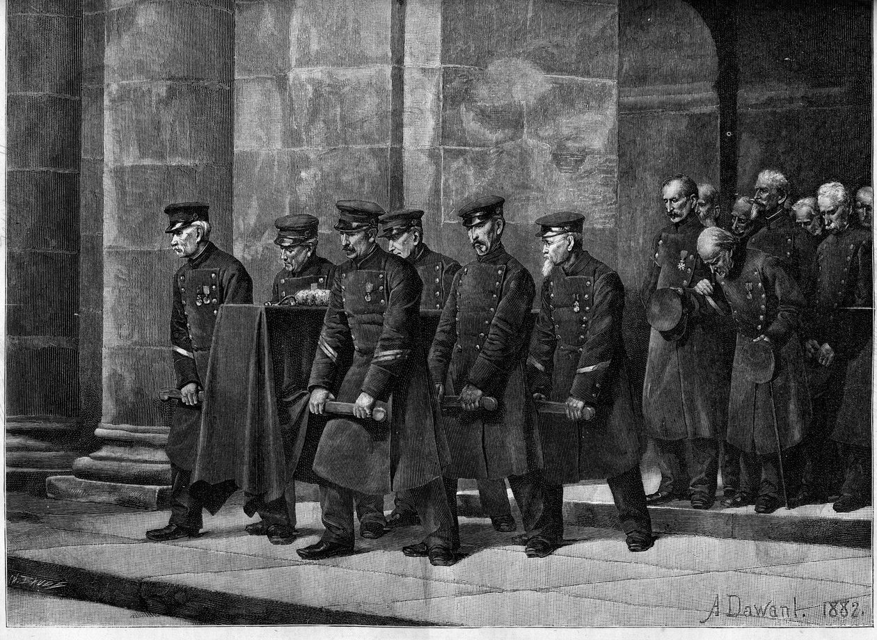 Begravelse af en handicappet person. Franske soldater, der bar en soldats kiste under hans begravelse i Soldaterkirken (Saint Louis des Invalides) i Paris. Gravering efter maleriet af Albert Pierre Dawant (1852-1923) i "" The Illustrous Worl af Albert Pierre Dawant