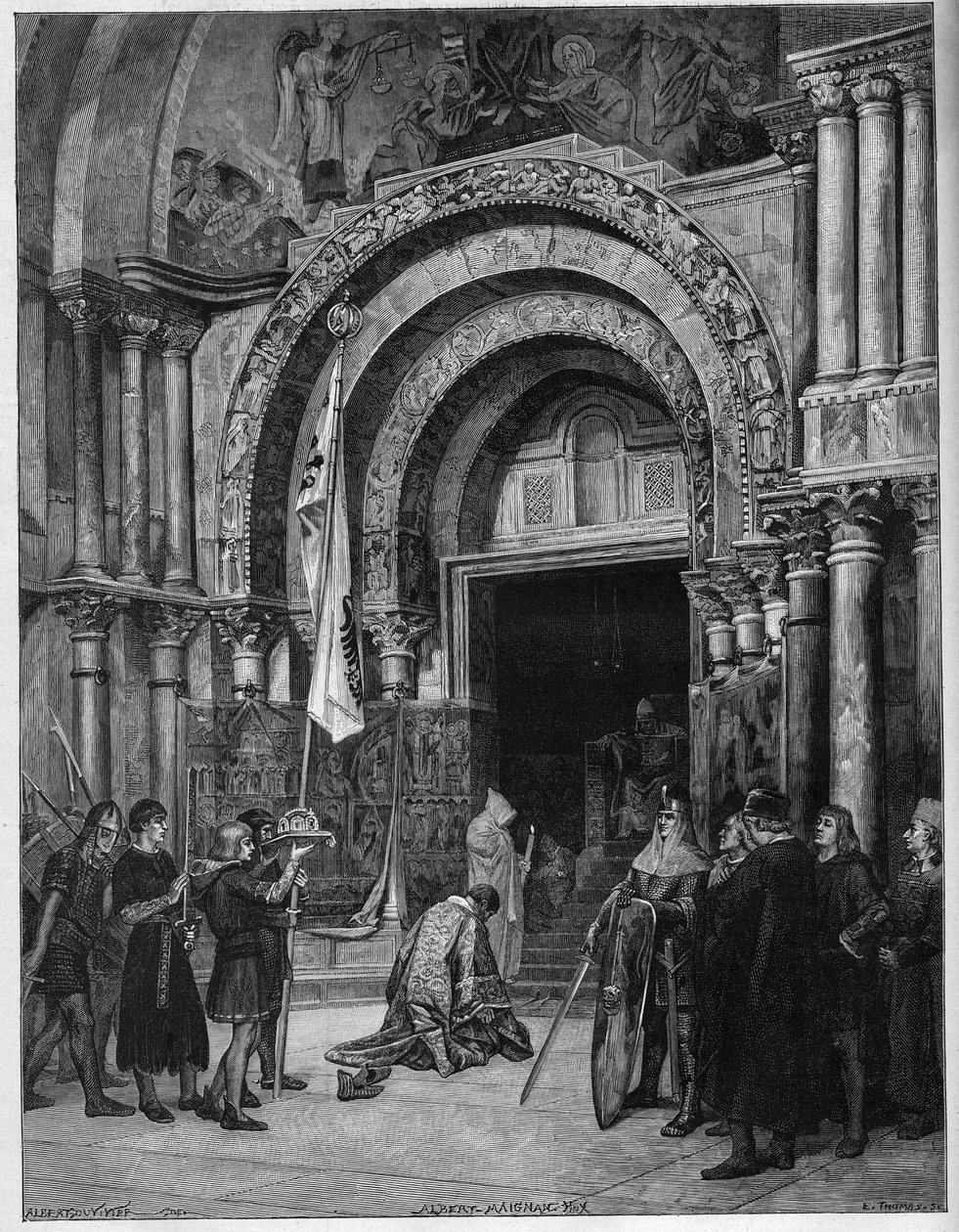 Frederic Barberose ved fødderne af paven. Kejser Frederik I af Hohenstaufen (1122-1190) bøjer sig for pave Alexander III (1105-1181), der venter ham under St. Markus (San Marco) port i Venedig i 1177. Indgravering efter et maleri af Albert Maignan (1. af Albert Pierre René (after) Maignan