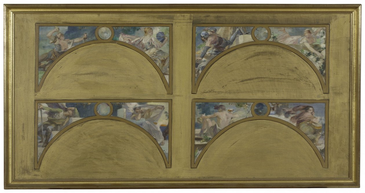 Skitse til Salon des Lettres på rådhuset i Paris: de store litterære værker (La Chanson de Roland, Le Misanthrope, Eviradnus, Mimi Pinson, Le Cid, Phèdre, Pantagruel, La Cigale), ca. 1890 (olie på sort blæk på lærred) af Albert Pierre Rene Maignan
