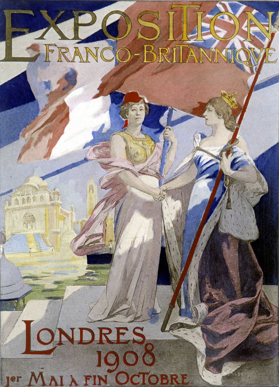 To kvinder, symbol på Frankrig og England, giver hinanden hånden. Plakat af Albert Maignan (1908) til den fransk-britiske udstilling i London i 1908. af Albert Pierre Rene Maignan