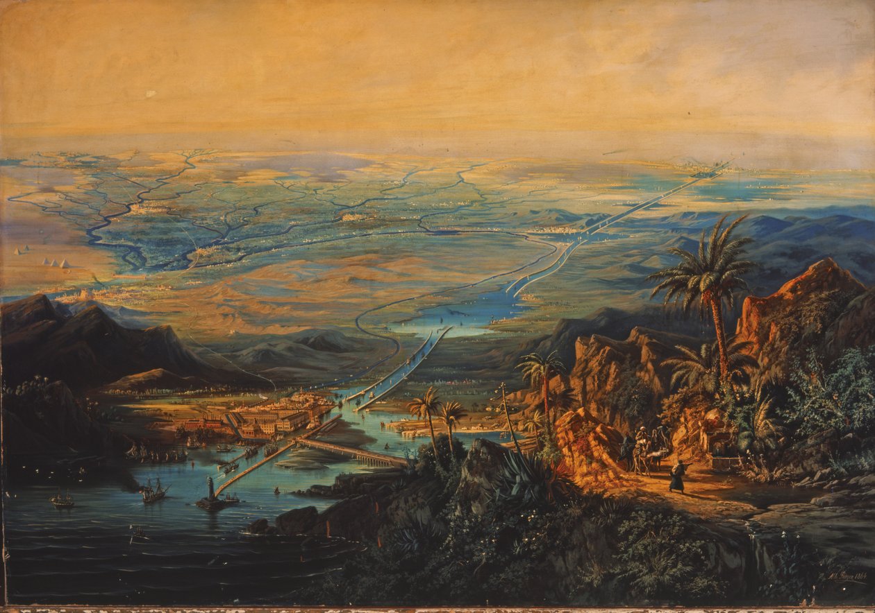 Suezkanalen i november 1864 (olie på lærred) af Albert Rieger