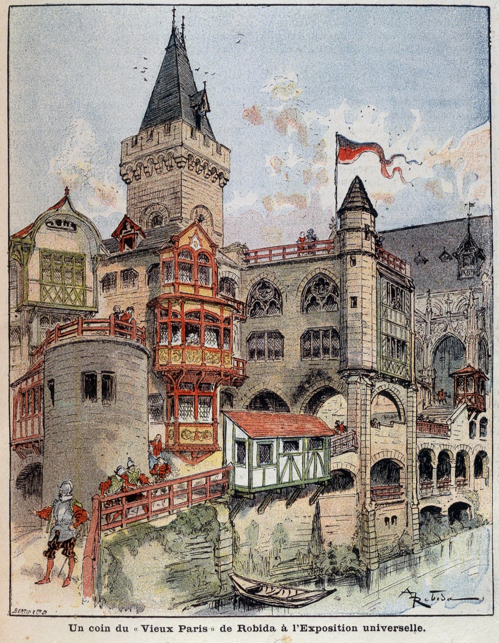 Et hjørne af Robidas "Old Paris" på verdensudstillingen. Forside "" Den lille franskmand illustreret"" af 26/05/1900. af Albert Robida