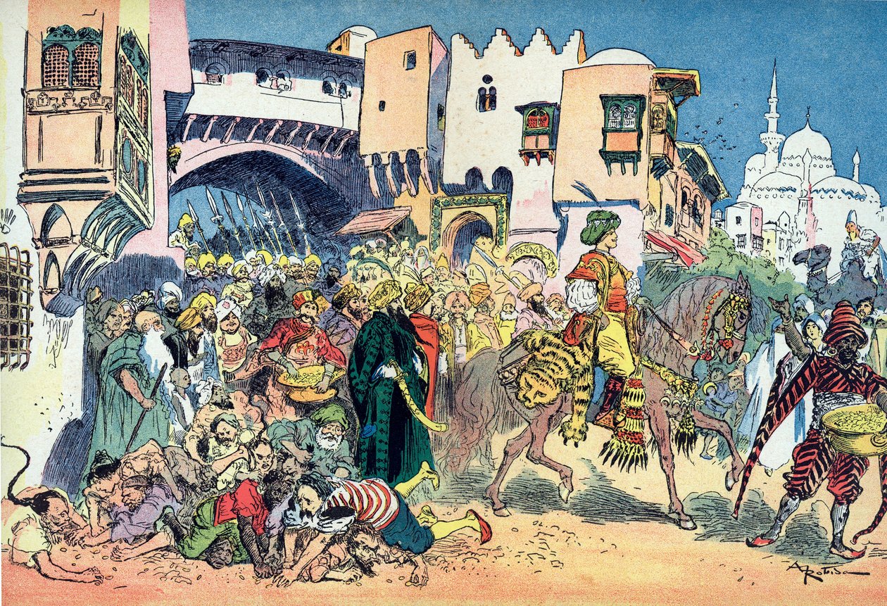 Aladdin rider gennem byens gader og kaster penge omkring ham Illustration af Albert Robida (1848-1926) til fortællingen "Aladin og den vidunderlige lampe" i "" les mille et une nuits" (Illustration til fortællingen "" Aladdin" ” i “The Book of One Tho af Albert Robida