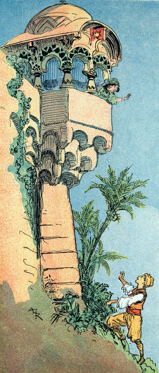 Aladin finder sit palads og sin kone Illustration af Albert Robida (1848-1926) til fortællingen "Aladin og den vidunderlige lampe" i "" les mille et une nuits"" i "The Book of One Thousand One Nights eller" The Arabian Nights ” af Albert Robida