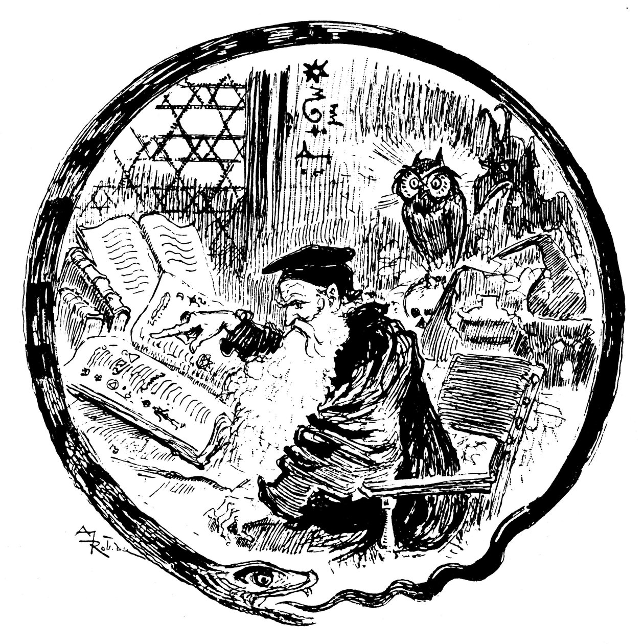 Alkymist konsulterer sine grimoirer (magiske - kabalistiske formler) under øjnene på en ugle og en dæmon - billedets ramme er formet af en slange, der bider dens hale - Lettrine, der danner bogstavet O - illustration af Albert Robida (1848-1926) for et kap af Albert Robida