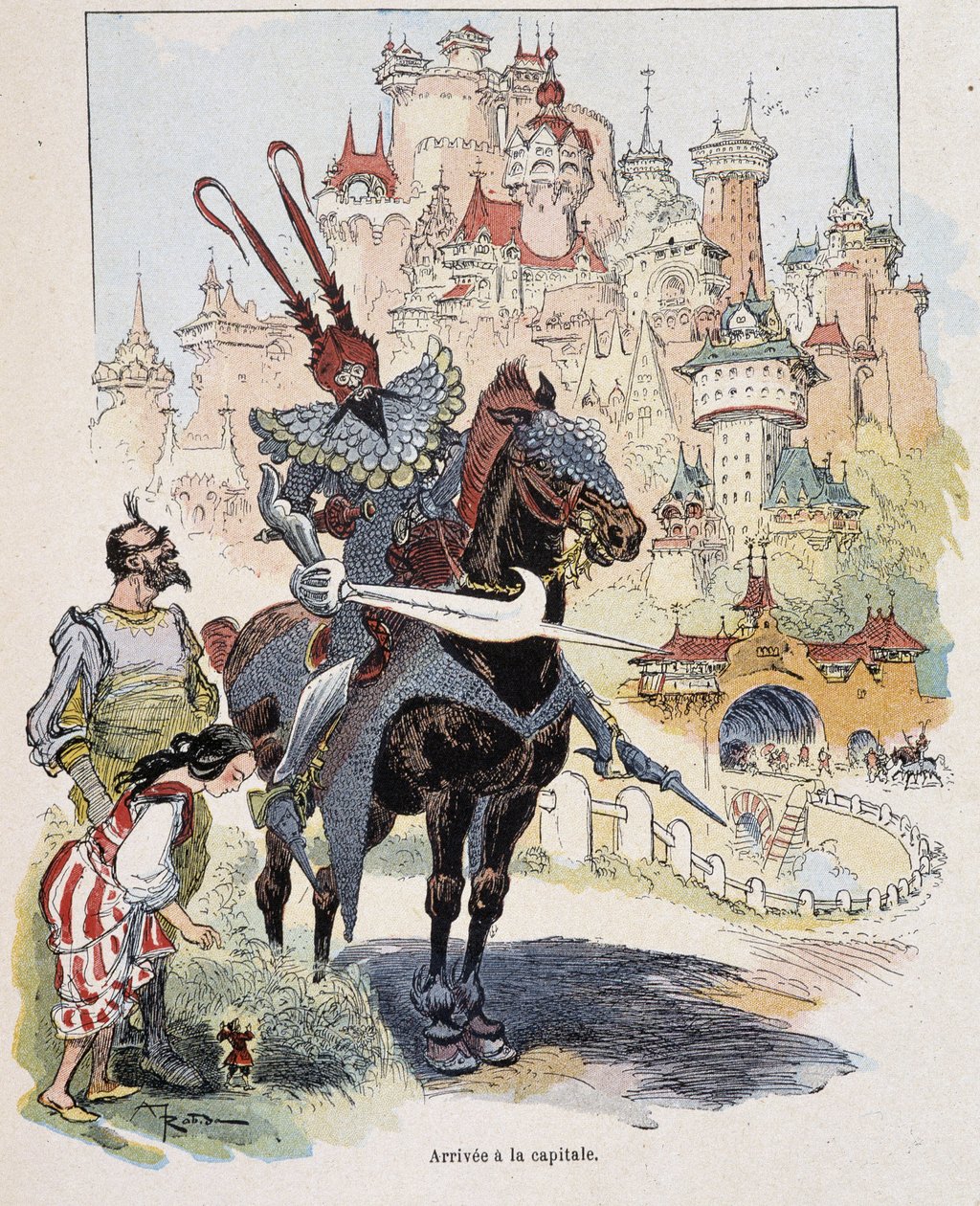 Ankomst til hovedstaden - i "" Gulliver Voyages"" af Swift, ill. af Robida af Albert Robida