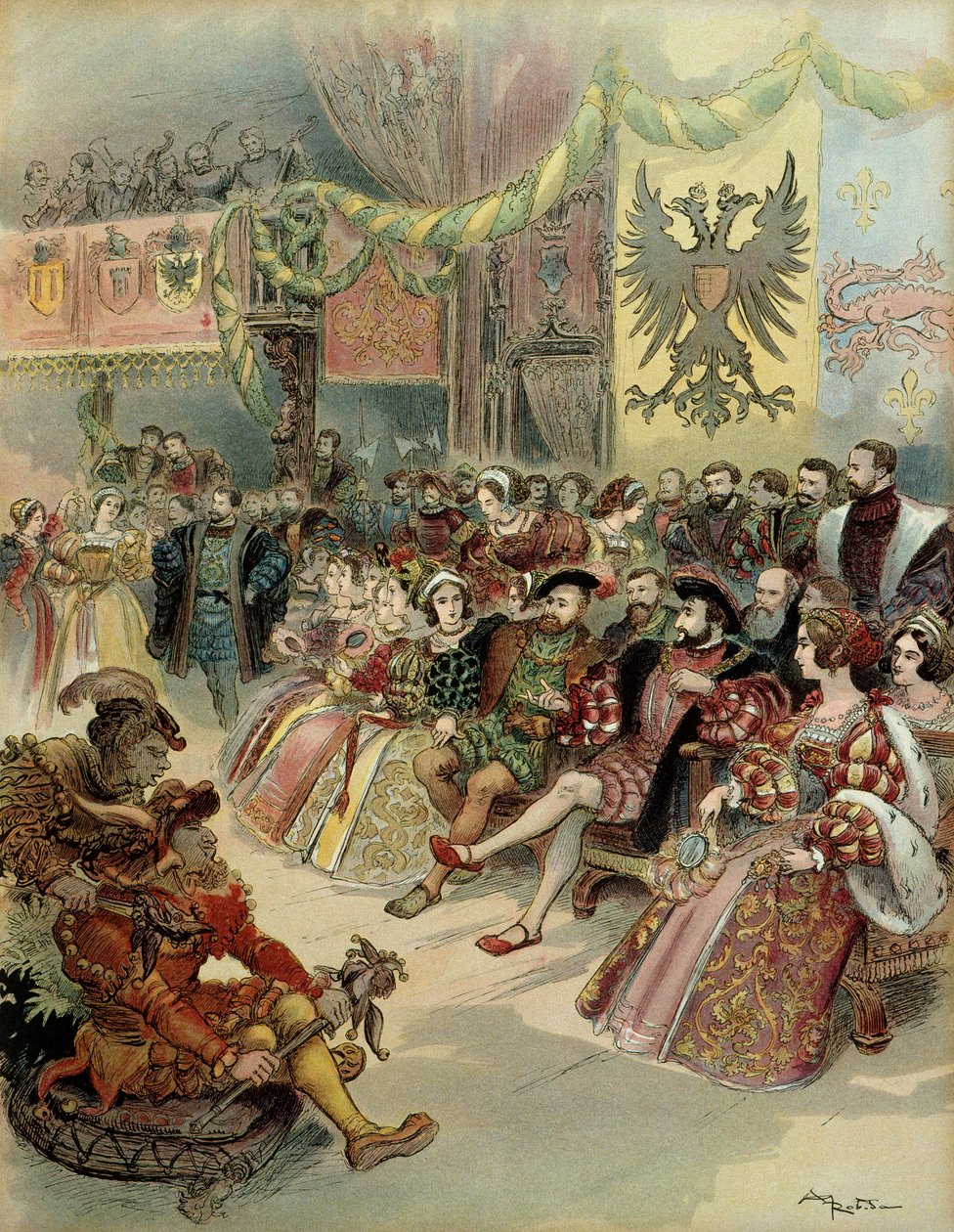 Bal ved hoffet til kongen af Frankrig, Francois 1. (1494-1547), med tilstedeværelse af Charles V (1500-1558), konge af Spanien og kejser af Det Hellige Romerske Rige Germanic, i slottet Fontainebleau, i 1539. Illustration af Albert Robida