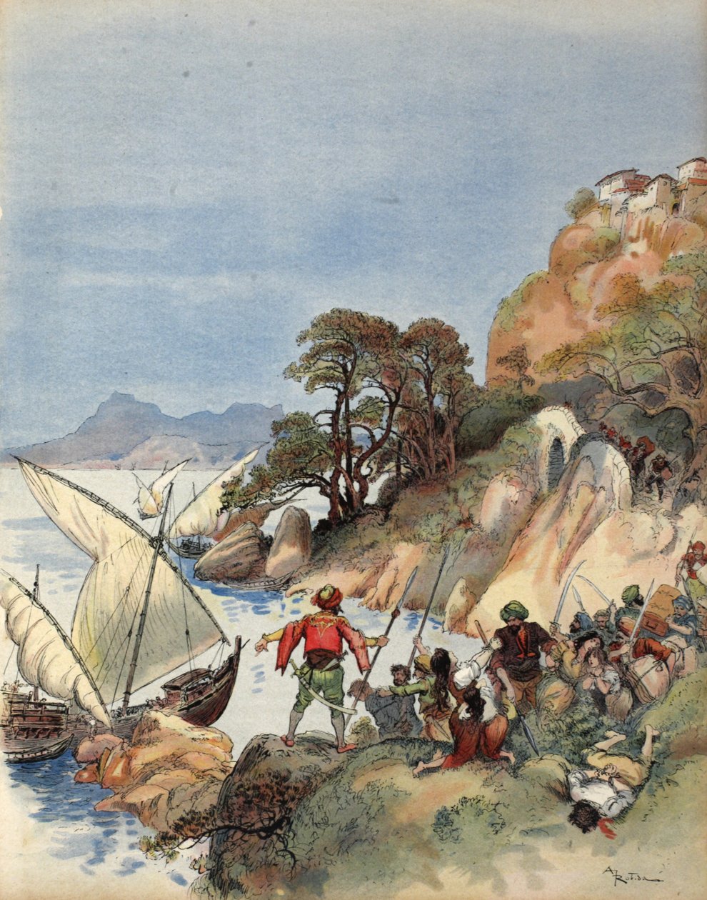 Barbary-pirater terroriserer Middelhavets kyst, kidnapper indbyggerne for at sælge som slaver, illustration fra 