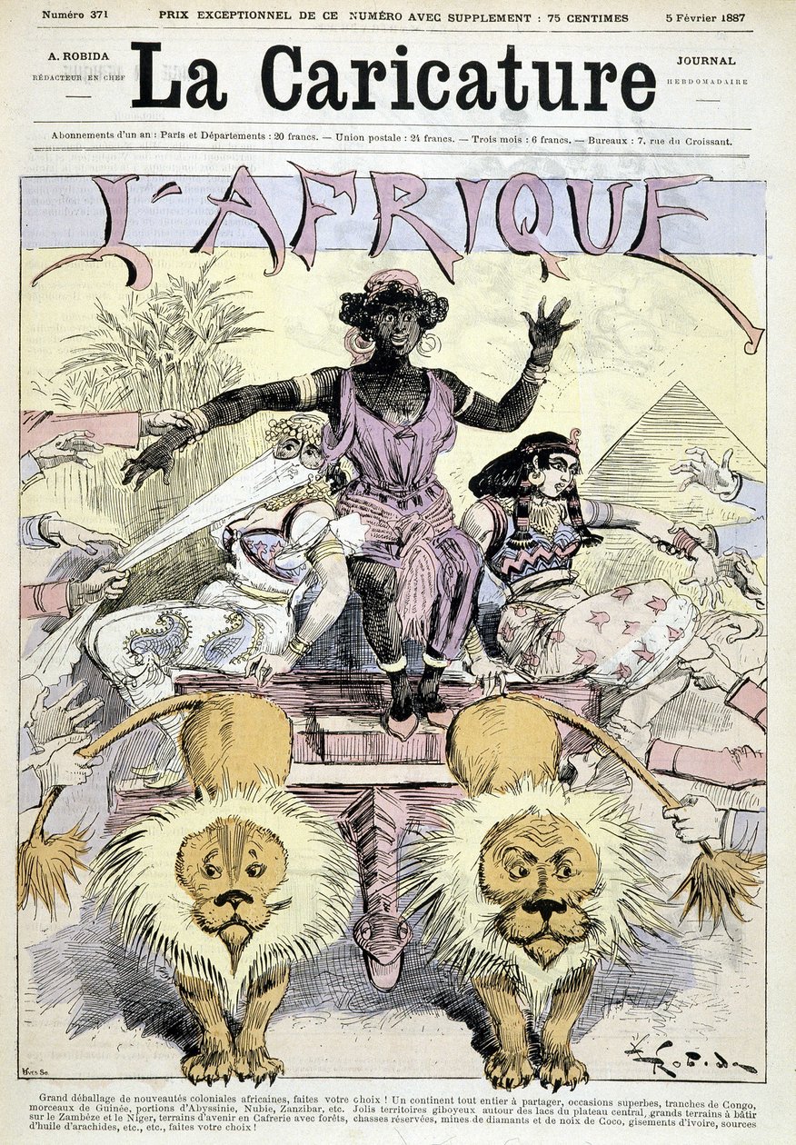 Tegneserie om kolonialisme i Afrika “” Fantastisk udpakning af afrikanske koloninyheder, tag dit valg! Et helt kontinent at dele, fantastiske lejligheder, stykker af Congo, stykker af Guinea" af Robida - i "" La Caricature"" fra 05/02/1887 af Albert Robida