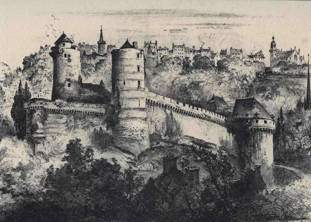 Chateau de Fougeres - borgfort i departementet Ille-et-Vilaine. Det gamle Frankrig - Bretagne - tekst, tegninger og litografier, af Albert Robida (1848-1926) udateret slutningen af 1800-tallet af Albert Robida