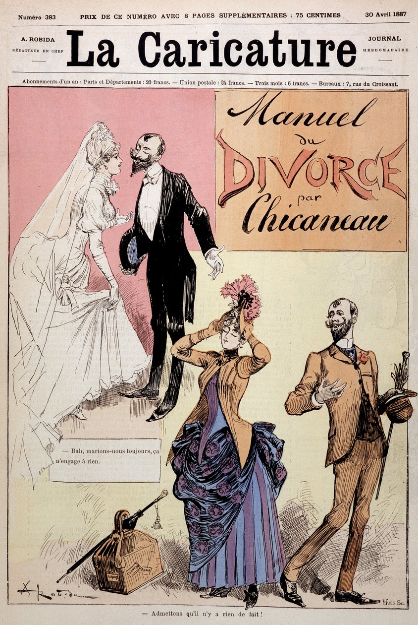 Par giftede sig derefter skilsmisse, "" Le Manuel du divorce"" af Chicaneau, illustration af Albert Robida (1848-1926), forside. ""Karikaturen"", 30/04/1887. af Albert Robida